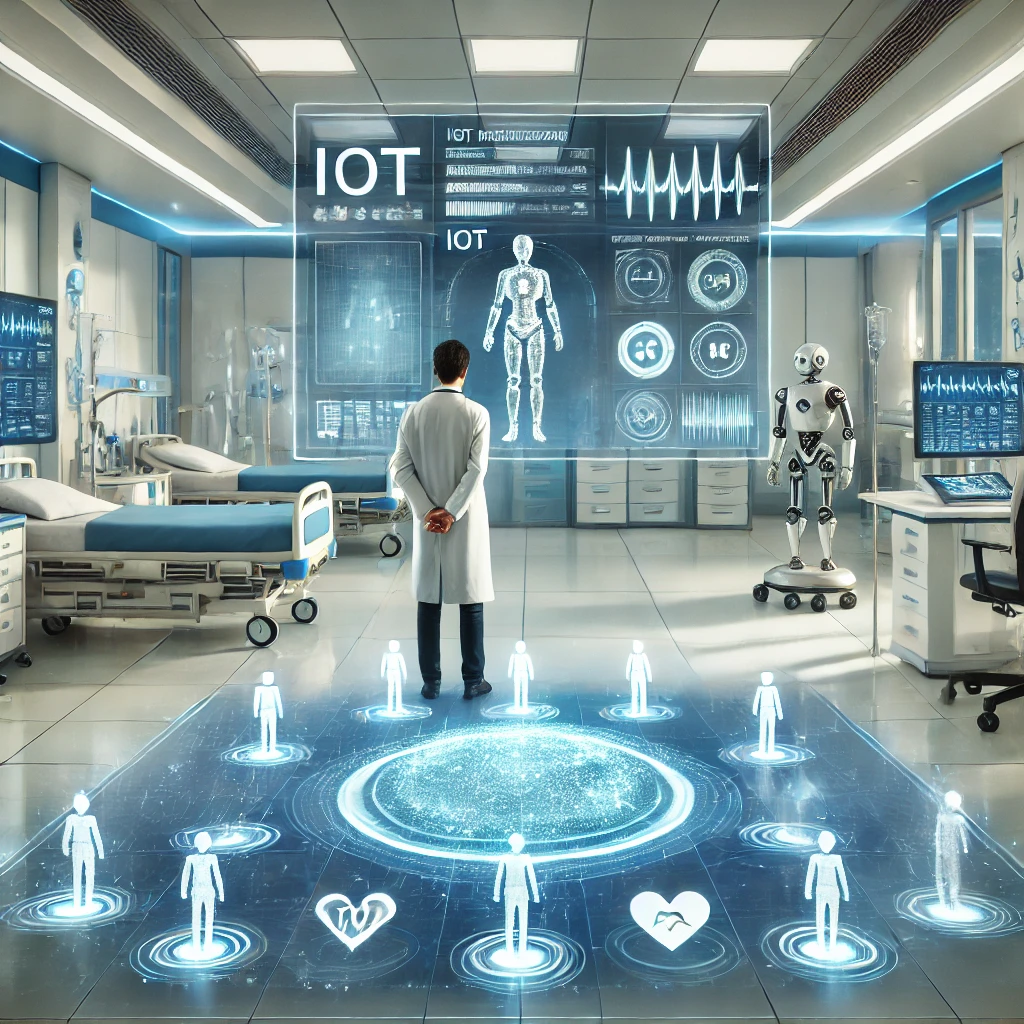 Smart hospital room with IoT-enabled medical devices, real-time patient monitoring, and a doctor using digital health data