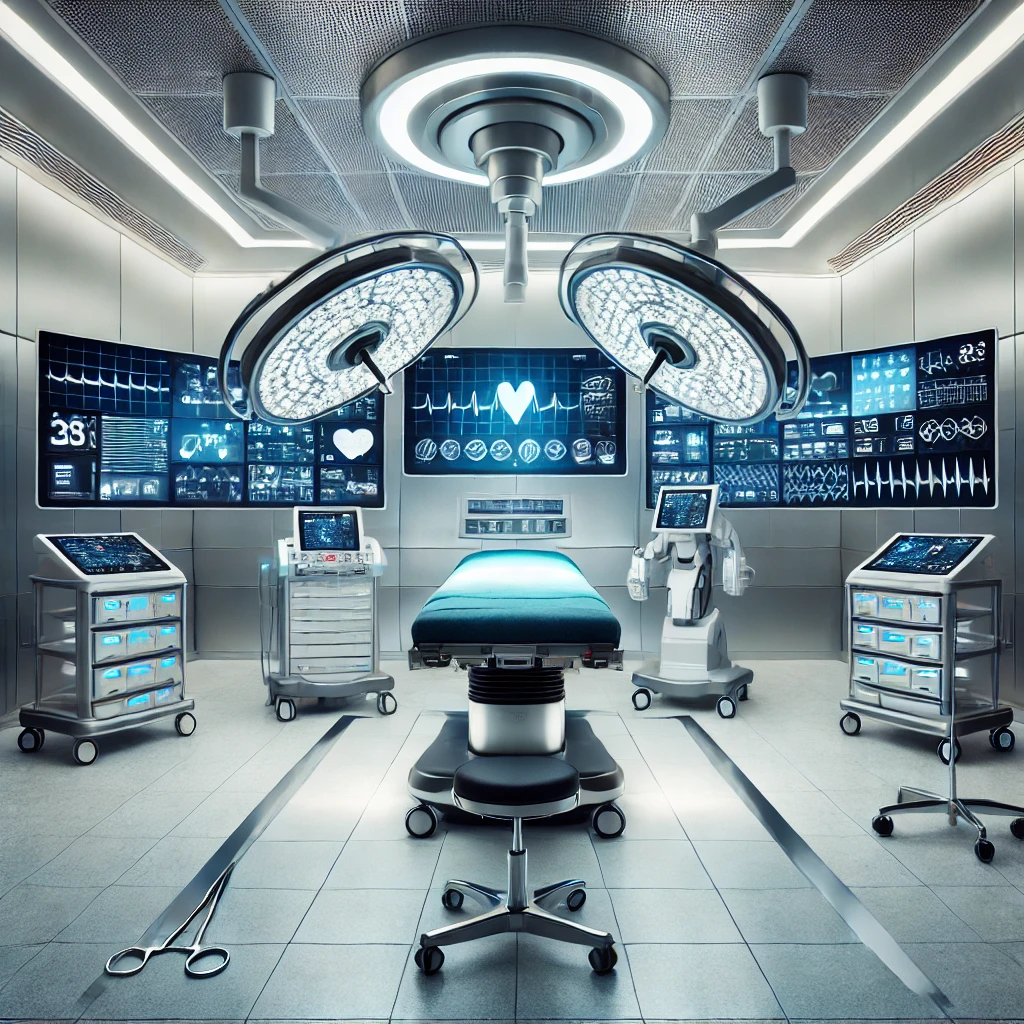 Futuristic advanced operation theatre with robotic surgical arms, high-tech medical equipment, and smart monitoring systems