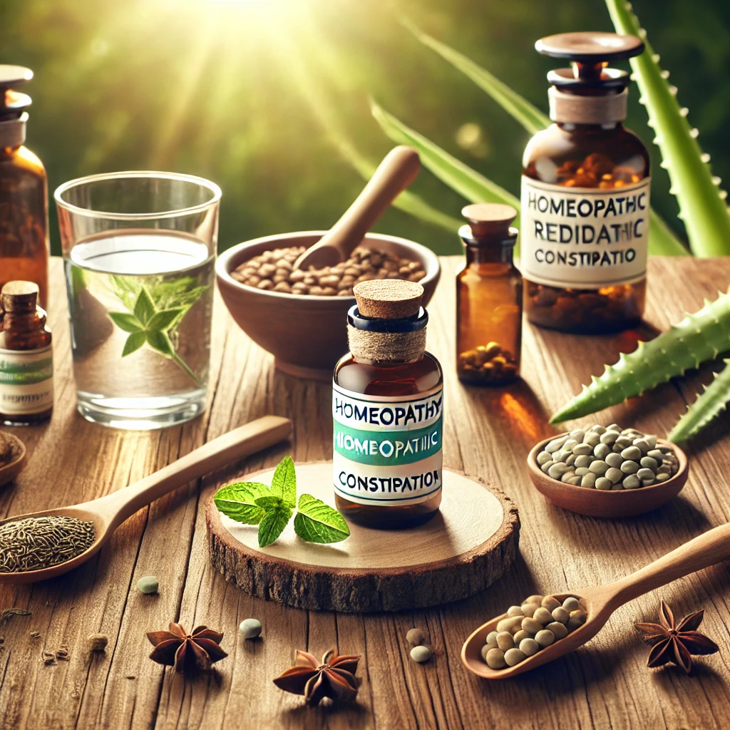 Homeopathic medicines for constipation relief on a wooden table with aloe vera, mint, fennel seeds, and a glass of water