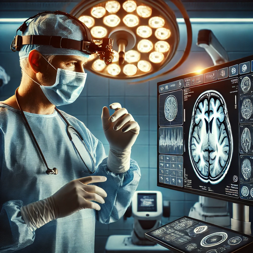 A professional neurosurgeon analyzing a brain scan in a high-tech operating room with advanced medical equipment.