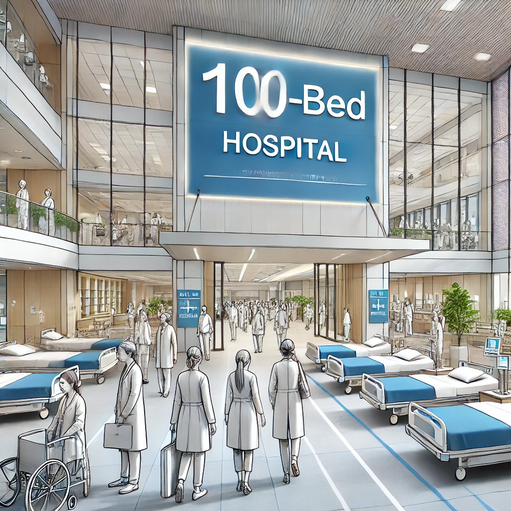 A modern 100-bed hospital with advanced medical facilities, patient rooms, and a well-planned layout for efficient healthcare delivery.