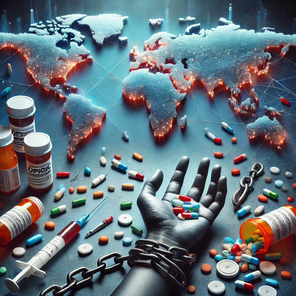 A symbolic illustration of the global opioid crisis, depicting addiction, overdose, and the struggle for recovery