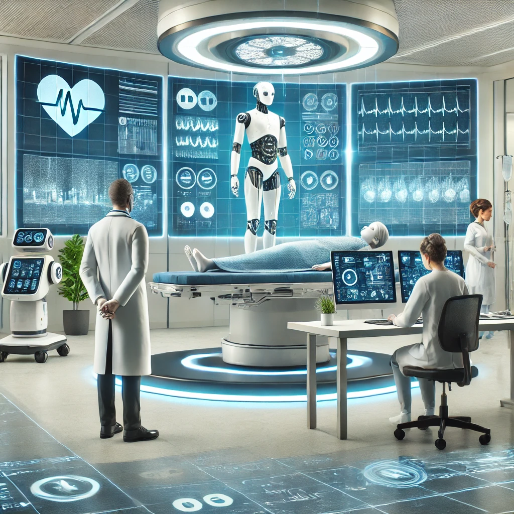 Futuristic hospital with AI-powered robotic assistants aiding doctors and nurses, advanced holographic monitoring, and robotic surgery