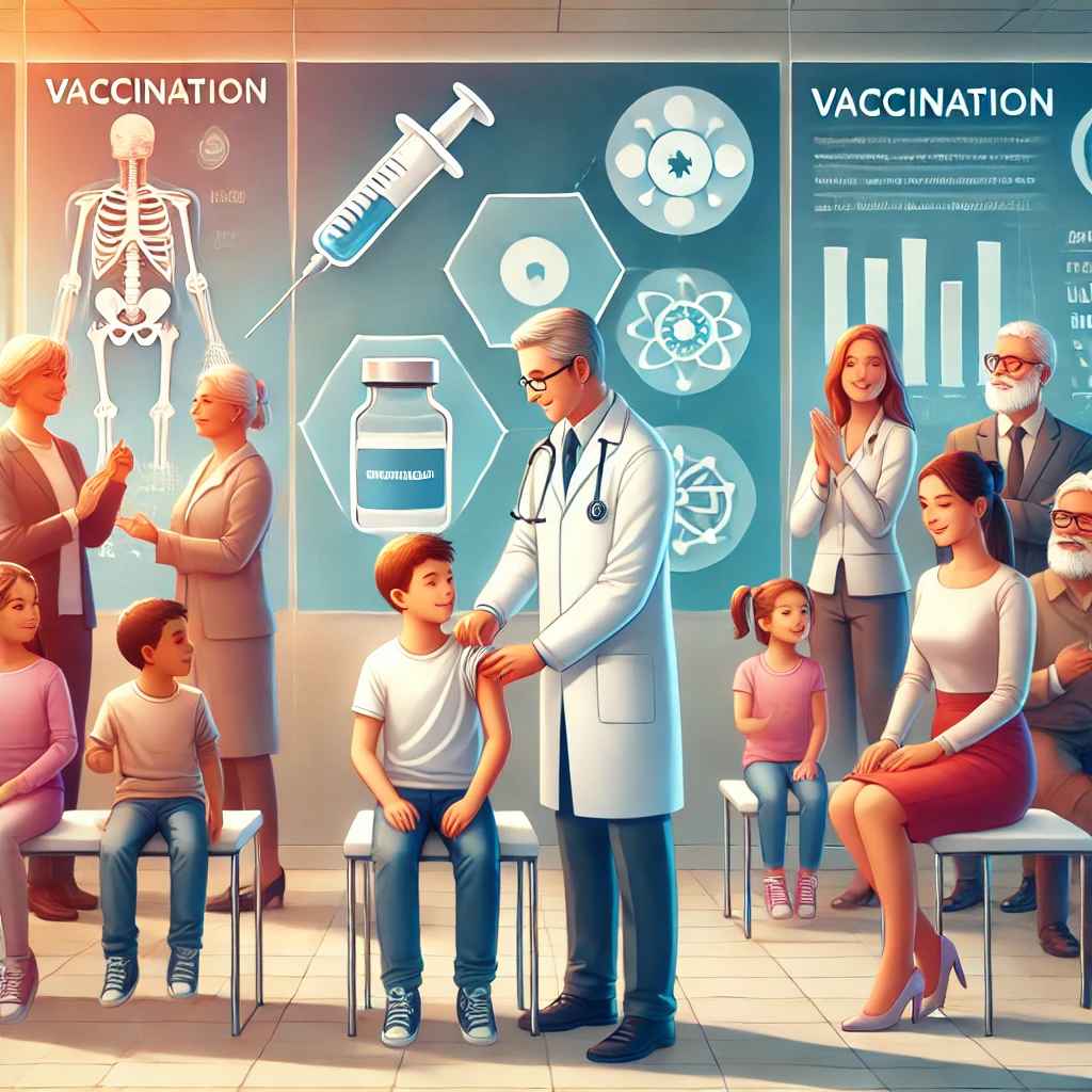 A diverse group of people, including children, adults, and elderly individuals, receiving vaccinations in a modern healthcare clinic, with a doctor administering a vaccine in a reassuring manner