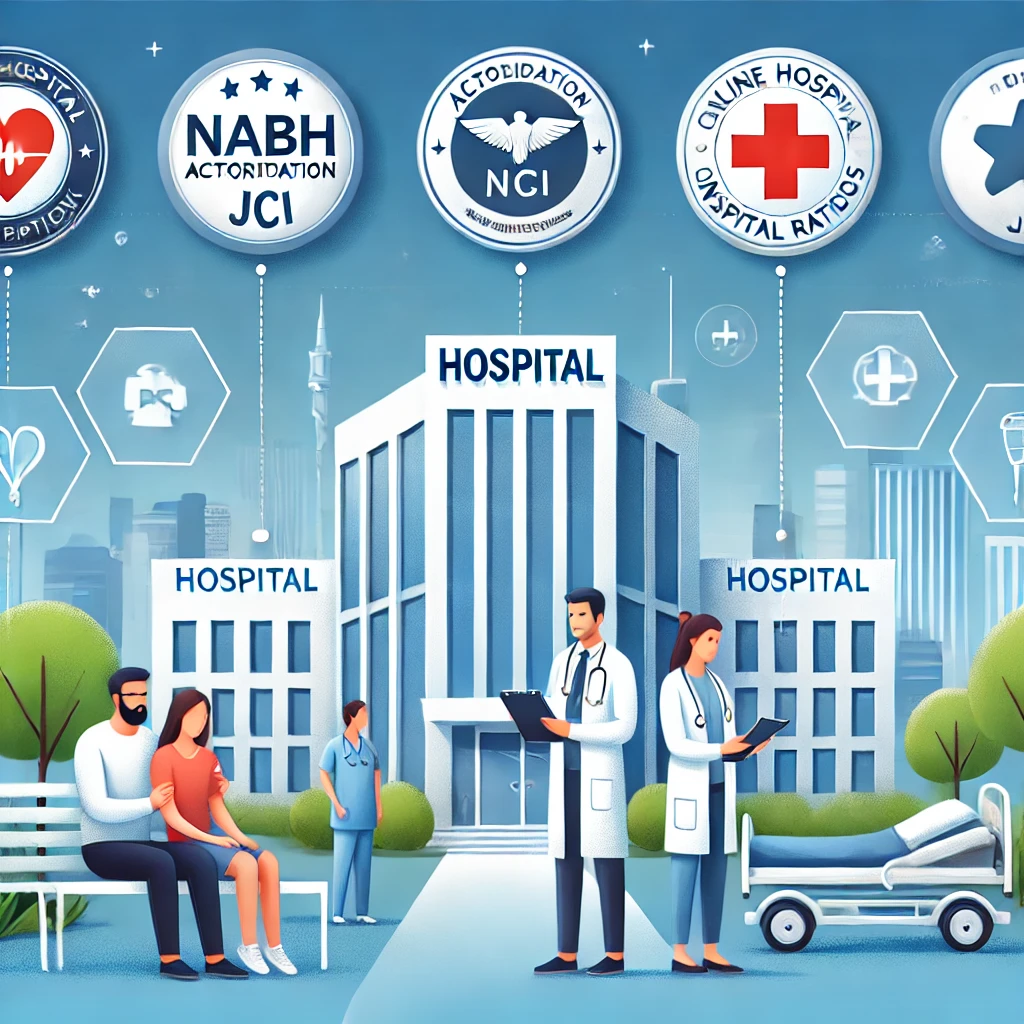 A modern hospital with accreditation badges, a doctor consulting a patient, a nurse providing care, and a family checking hospital ratings, symbolizing trust and reliability in healthcare.