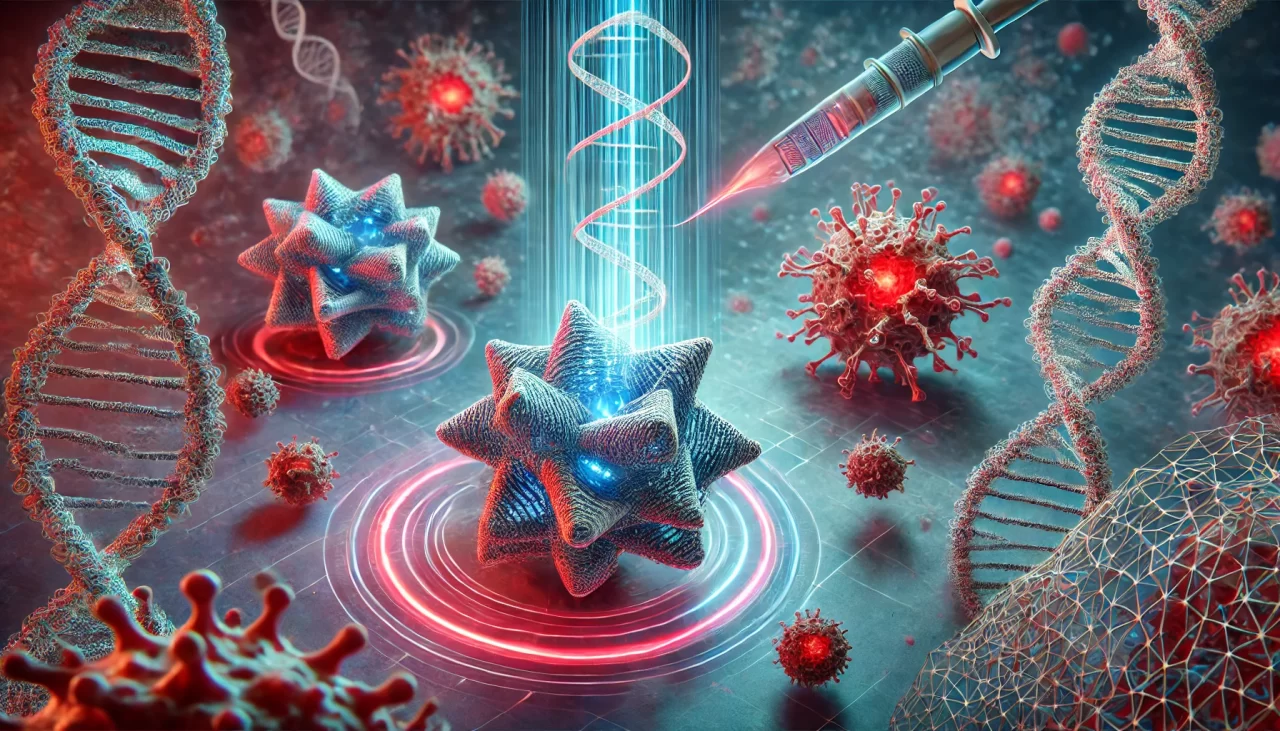 Futuristic depiction of DNA-origami nanobots targeting cancer cells in advanced oncology research