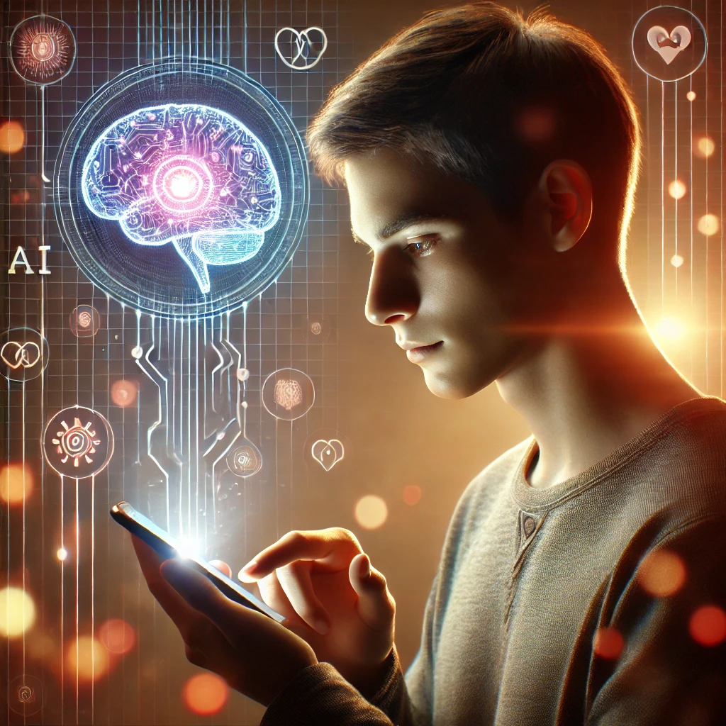 A young adult using an AI-powered mental health app, illuminated by the screen's glow, with futuristic AI elements in the background symbolizing digital therapy advancements in 2025.