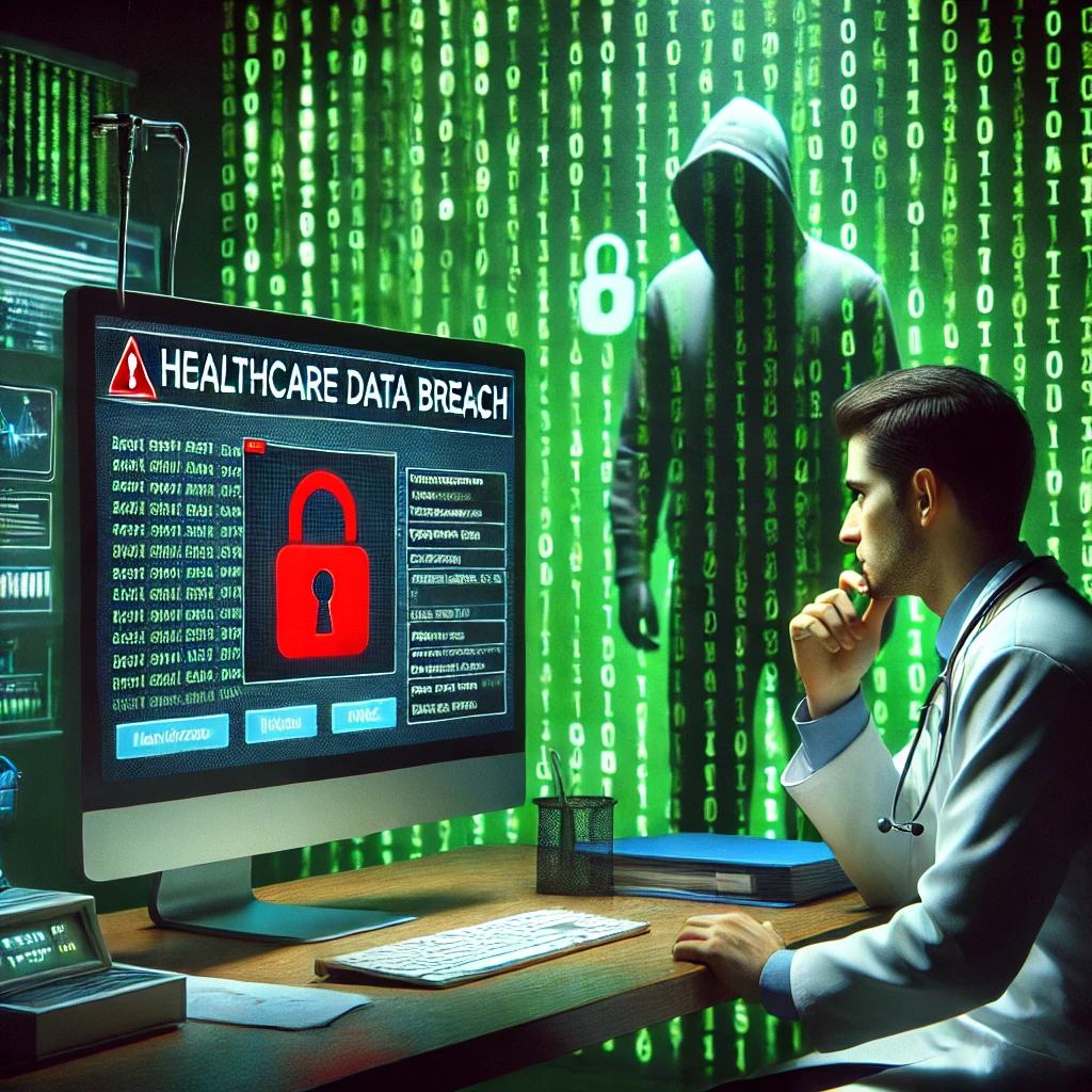 A worried doctor looking at a hospital computer screen displaying a cybersecurity warning with a red lock symbol, indicating a healthcare data breach, while a hacker silhouette looms behind green binary code.